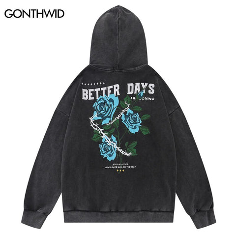 Vintage Hoodie Sweatshirt Y2K Streetwear Hip Hop Floral Rose Letter Print Distressed Wash Hooded Harajuku Casual Loose Pullover