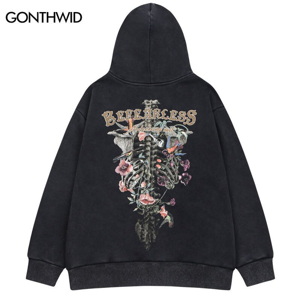 Vintage Hoodie Sweatshirt Y2K Streetwear Hip Hop Skull Skeleton Flowers Print Fleece Hooded Harajuku Punk Gothic Hoodies