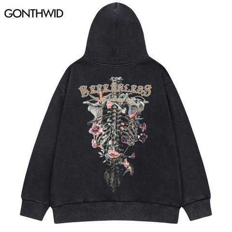 Vintage Hoodie Sweatshirt Y2K Streetwear Hip Hop Skull Skeleton Flowers Print Fleece Hooded Harajuku Punk Gothic Hoodies