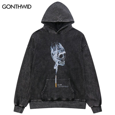Vintage Hoodie Y2K Hip Hop Skull Skeleton Print Punk Gothic Pullover Sweatshirt Streetwear Harajuku Loose Washed Hooded