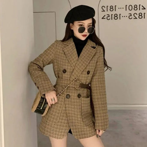 Vintage Houndstooth Jacket Blazer Women Plaid Lady Suit Jacket with Belt Long Sleeve Female Tailored Coat Street Wear New