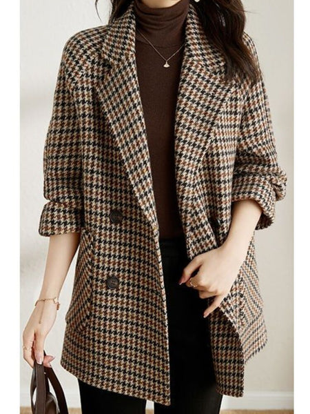 Vintage Houndstooth Women Blazer Casual Elegant Plaid Female Suit Jacket Long Sleeve Loose Blaser Outerwear Clothes