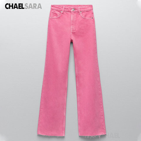 Vintage Jeans Woman England Elegant Solid Pink Casual High Waist Jeans Loose Wide Leg Jeans For Women