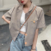 Vintage Khaki Plaid Blazer Women Korean Loose Short Sleeved Jacket Summer Single Breasted Cropped Coats Female