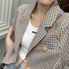 Vintage Khaki Plaid Blazer Women Korean Loose Short Sleeved Jacket Summer Single Breasted Cropped Coats Female