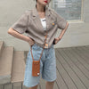 Vintage Khaki Plaid Blazer Women Korean Loose Short Sleeved Jacket Summer Single Breasted Cropped Coats Female