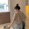 Vintage Khaki Plaid Blazer Women Korean Loose Short Sleeved Jacket Summer Single Breasted Cropped Coats Female