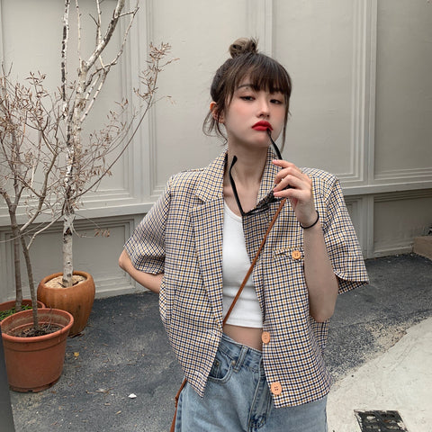Vintage Khaki Plaid Blazer Women Korean Loose Short Sleeved Jacket Summer Single Breasted Cropped Coats Female