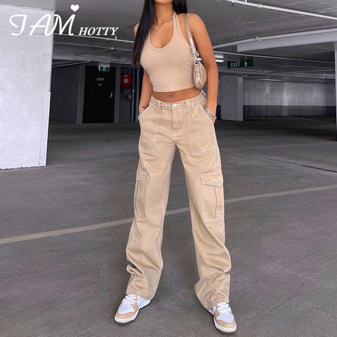 Vintage Khaki Wide Leg Cargo Jeans High Waist Big Pockets Baggy Denim Trousers Casual Oversized Pants Street Sweatpants Iamhotty