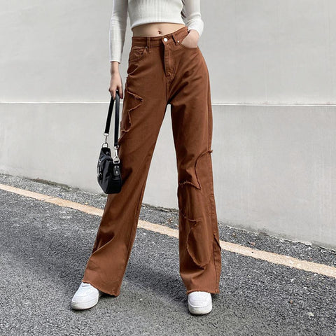 Vintage Khaki Women Jeans Streetwear Women Pants Floral Patchwork Loose Classic Denim Pants Mid Rise Trousers for Work Jeans
