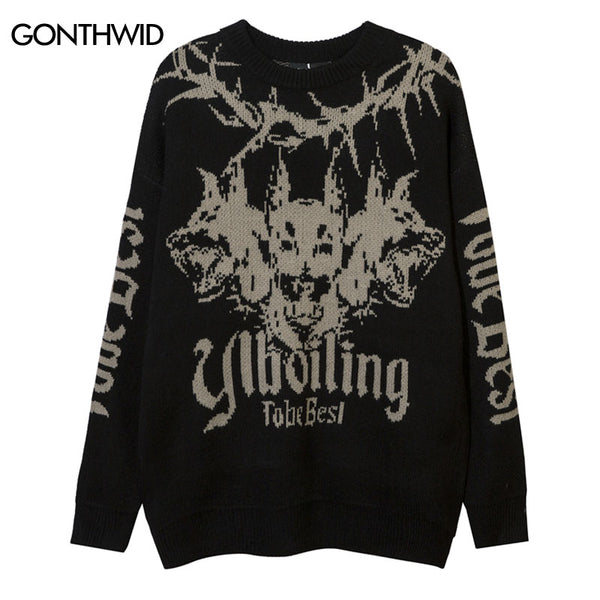 Vintage Knitted Sweater Streetwear Y2K Grunge Hip Hop Graphic Punk Gothic Pullover Oversized Jumpers  Harajuku Couple