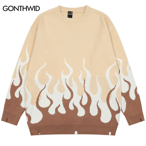 Vintage Knitted Sweater Streetwear Y2K Mens Retro Flame Ripped Hole Jumpers Sweaters Men Harajuku Casual Loose Pullover
