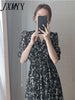 Vintage Korea Clothing Summer Slim Elastic Waist A Line V Neck Elegant Office Lady Floral Chic Chiffon Long Dress Retro
