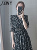 Vintage Korea Clothing Summer Slim Elastic Waist A Line V Neck Elegant Office Lady Floral Chic Chiffon Long Dress Retro