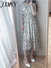 Vintage Korea Clothing Summer Slim Elastic Waist A Line V Neck Elegant Office Lady Floral Chic Chiffon Long Dress Retro