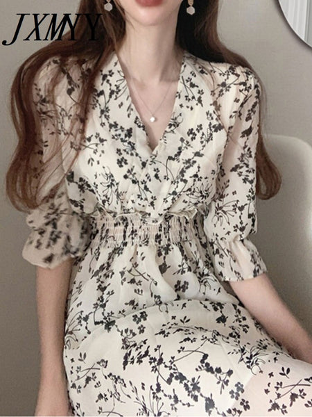 Vintage Korea Clothing Summer Slim Elastic Waist A Line V Neck Elegant Office Lady Floral Chic Chiffon Long Dress Retro