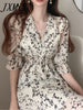 Vintage Korea Clothing Summer Slim Elastic Waist A Line V Neck Elegant Office Lady Floral Chic Chiffon Long Dress Retro