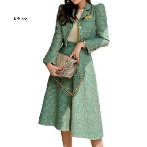 Vintage Ladies 2 Pieces Skirt Suits Short Jackets & High Waist A-Line Midi Skirts 2023 Autumn Winter Elegant Women Suits