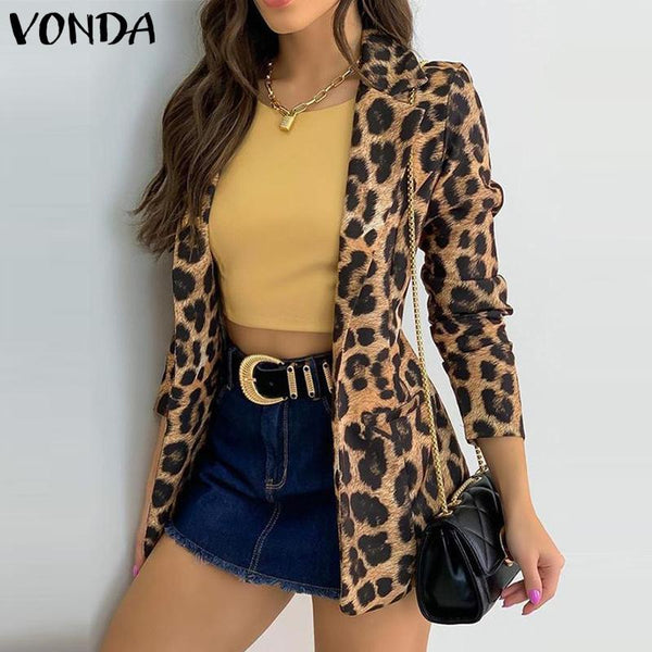Vintage Leopard Printed Long Sleeve Suit Blazer Veste VONDA Women 2022 Winter Casual Lapel Collar Button Up Coat Female Overcoat