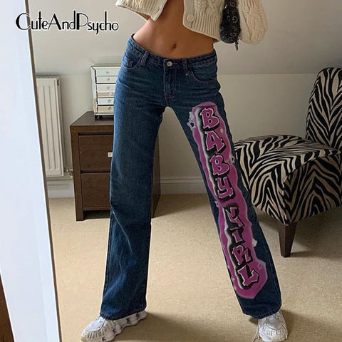 Vintage Letter Print Straight Jeans Women Harajuku Streetwear Retro Mom Jeans Denim High Waist Aesthetic Pants Cuteandpsycho