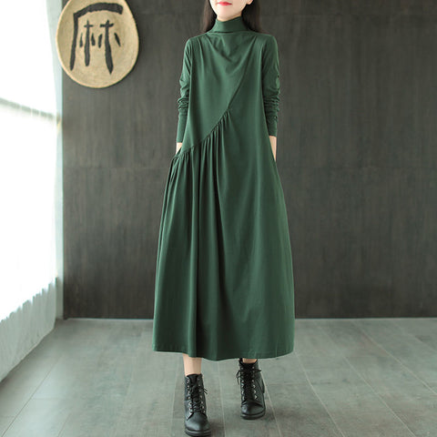 Vintage Long Dress Cotton Shirt Dress Women Plus size Clothing Turtleneck Loose Ladies Dresses Casual 2022