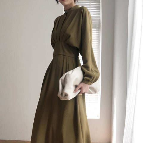 Vintage Long Sleeve Elegant Autumn Bodycon Dress Women Women's Spring Slimming Pleated Stand Collar Midi Dress Dresses Female