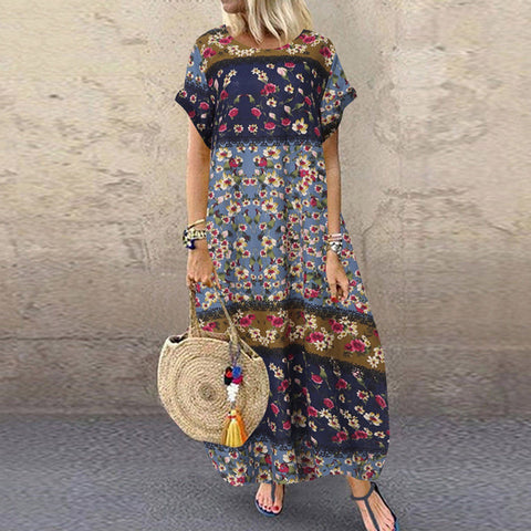 Vintage Loose Boho Beach Maxi Dress Women Ladies Retro Casual Floral Print  Short Sleeve Holiday Sundress Swing Long Dress