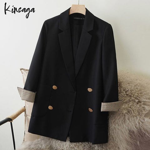 Vintage Loose Double Breasted Plaid Cuff Women Black Blazer 2023 Spring Autumn Pockets Long Sleeve Suit Coats Business Outwear