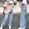 Vintage Loose Hollow Ripped Baggy Jeans Mom Streetwear Casual Wide Leg Denim Straight Pants Women Y2k Boyfriend Hip Hop Trousers