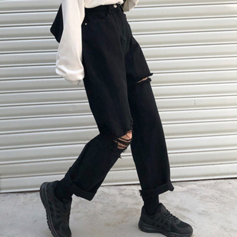 Vintage Loose Jeans Black Straight Wide Leg Jeans High Waist Ripped Jeans for Women Knee Ripped Pants Mom Jeans Boyfriends