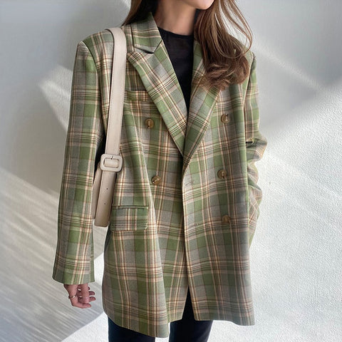 Vintage Loose Women Jacket Plaid Blazer Autumn Chic Double Breasted Female Long Suit Jackets Stylish Ladies Blazer mujer