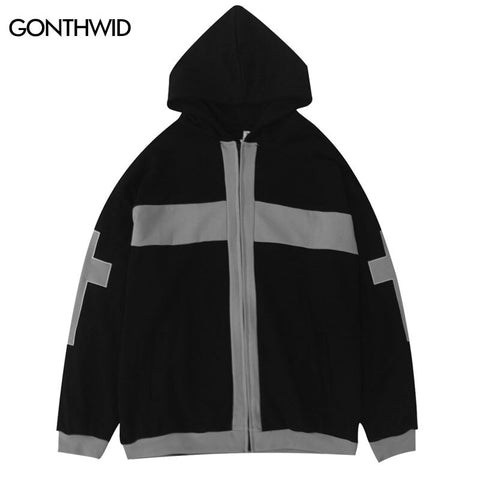 Vintage Men Hip Hop Hoodie Jacket Streetwear Embroidery Cross Color Block Patchwork Zip Hooded Sweatshirt Harajuku Casual Coats