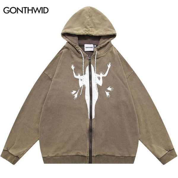 Vintage Men Hoodie Sweatshirt Grunge Y2K Hip Hop Graphic Print Zip Up Washed Hooded 2023 Harajuku Casual Punk Gothic Sweatshirt