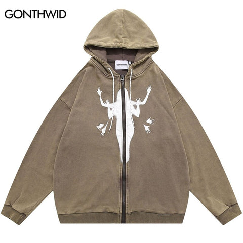 Vintage Men Hoodie Sweatshirt Grunge Y2K Hip Hop Graphic Print Zip Up Washed Hooded 2023 Harajuku Casual Punk Gothic Sweatshirt