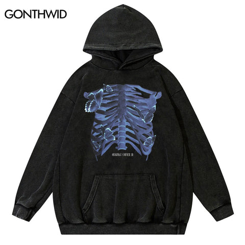 Vintage Men Hoodie Sweatshirt Streetwear Hip Hop Butterfly Skull Skeleton Print Wash Pullover Hooded Harajuku Gothic Street Wear