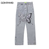 Vintage Men Jeans Pants Hip Hop Embroidery Snake Butterly Side Zipper Denim Jean Streetwear Casual Loose Baggy Straight Trousers