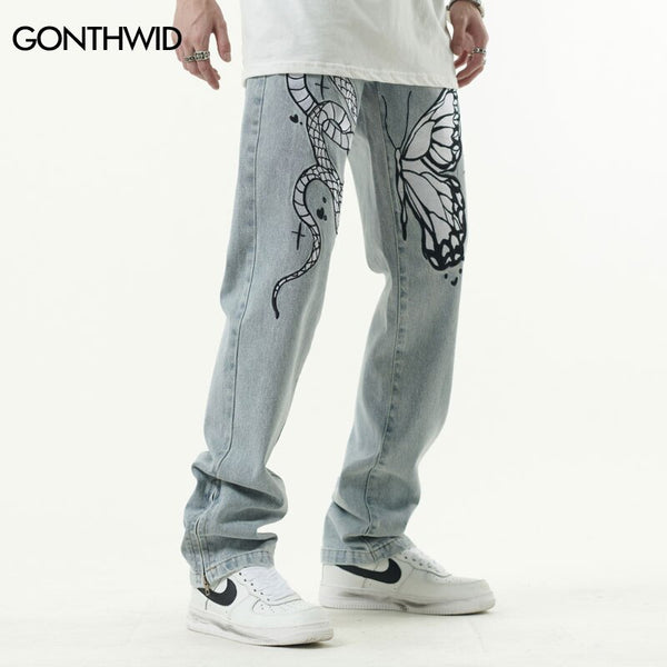 Vintage Men Jeans Pants Hip Hop Embroidery Snake Butterly Side Zipper Denim Jean Streetwear Casual Loose Baggy Straight Trousers