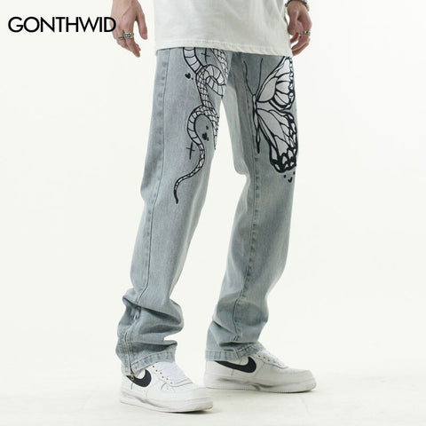 Vintage Men Jeans Pants Hip Hop Embroidery Snake Butterly Side Zipper Denim Jean Streetwear Casual Loose Baggy Straight Trousers
