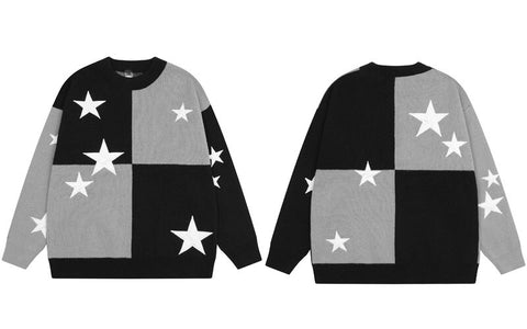 Vintage Men Sweater Y2K Hip Hop Retro Embroidery Stars Color Block Patchwork Pullover Jumpers Streetwear Harajuku Casual Sweater