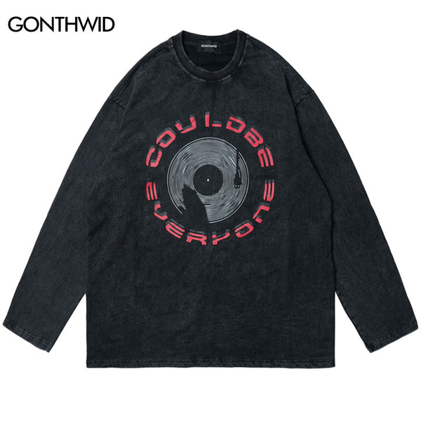 Vintage Men T-Shirt Streetwear Hip Hop Graphic Print Distressed Wash Casual Long Sleeve Tshirt Harajuku Punk Gothic Shirts Tops