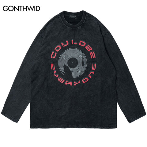 Vintage Men T-Shirt Streetwear Hip Hop Graphic Print Distressed Wash Casual Long Sleeve Tshirt Harajuku Punk Gothic Shirts Tops