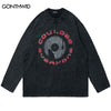 Vintage Men T-Shirt Streetwear Hip Hop Graphic Print Distressed Wash Casual Long Sleeve Tshirt Harajuku Punk Gothic Shirts Tops