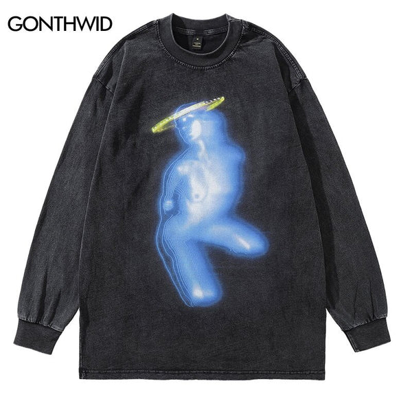 Vintage Men T-Shirt Streetwear Hip Hop Graphic Print Punk Gothic Washed Tshirt Harajuku Casual Loose Cotton Long Sleeve Shirts