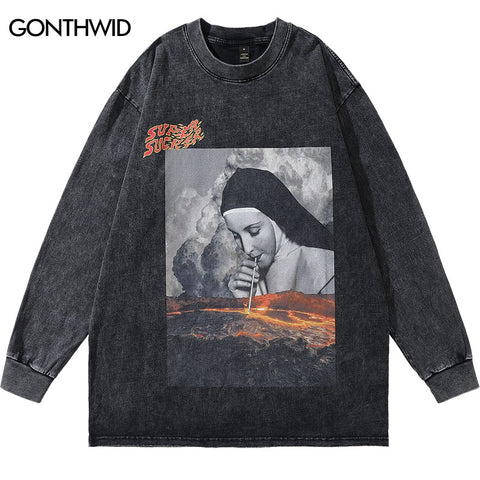 Vintage Men Tshirt Streetwear Hip Hop Funny Nun Graphic Print Punk Gothic Wash T-Shirts Harajuku Casual Loose Long Sleeve Shirts