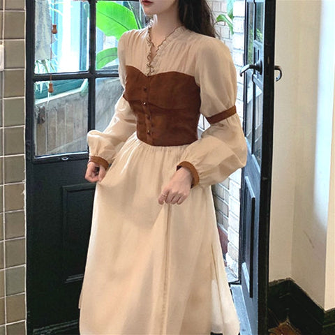 Vintage Midi Dress Women Casual V-neck Long Sleeve Party Retro Dress Female French Evening One-piece Dress Korean 2022 Autumn