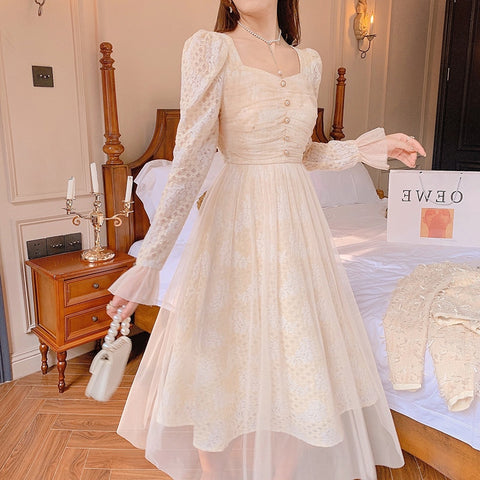 Vintage Midi Dresses for Women Party French Elegant Square Collar Puff Sleeve Beading Retro Long Woman Dress Korean Autumn 2022