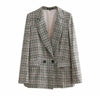 Vintage Notched Collar Double Breasted Plaid Blazer Casual 2022 Woman Double Pockets Back Slit Suit Slim Jacket Coat Outerwear