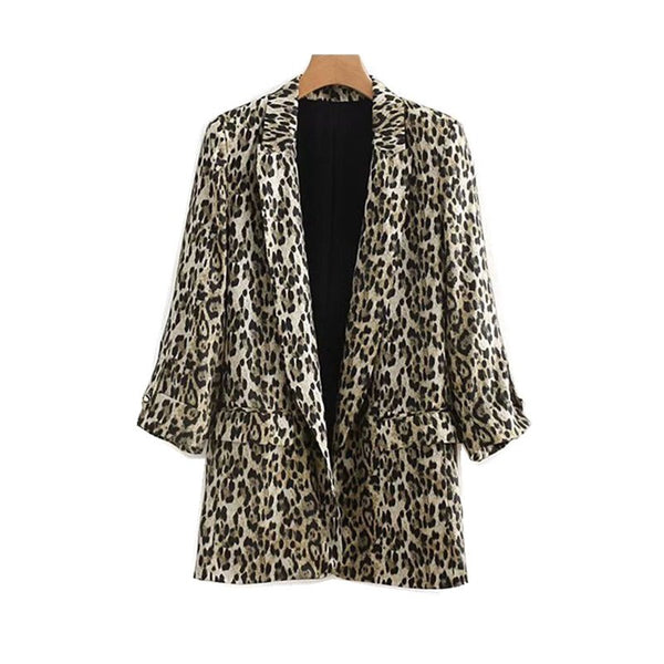 Vintage Notched Collar Leopard Print Blazer 2022 New Woman Roll Up Cuff Pockets Loose Mid Long Suit Casual Jacket Coat Outerwear