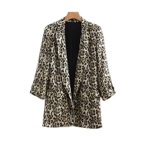 Vintage Notched Collar Leopard Print Blazer 2022 New Woman Roll Up Cuff Pockets Loose Mid Long Suit Casual Jacket Coat Outerwear