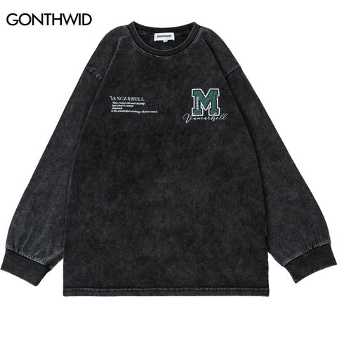 Vintage Oversized T-Shirt Streetwear Hip Hop Letter Print Long Sleeve Tshirt Harajuku Casual Distressed Washed Punk Gothic Shirt